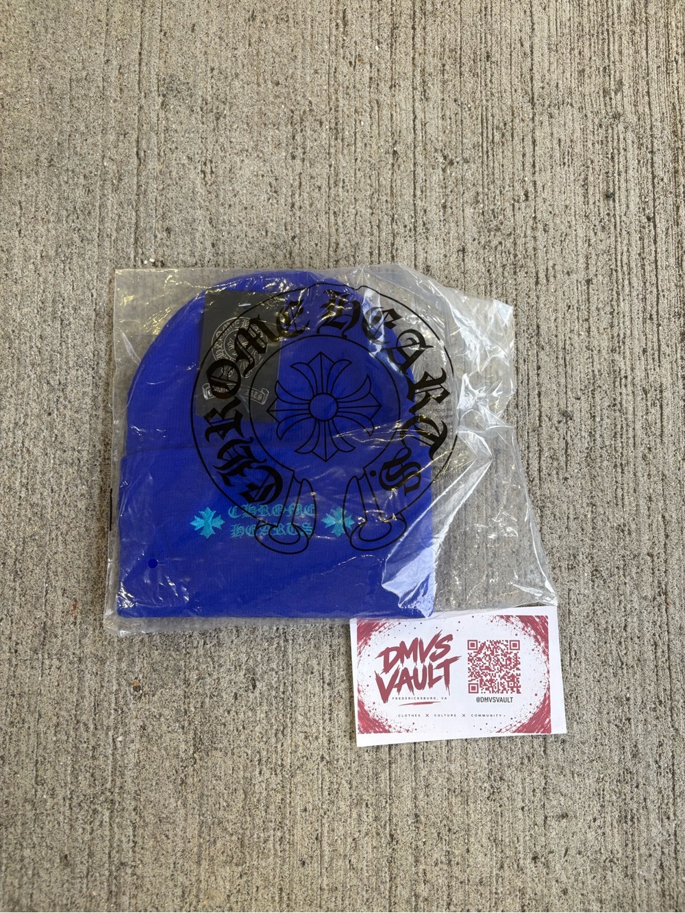 Chrome Hearts Blue Beanie with Black Logo Print